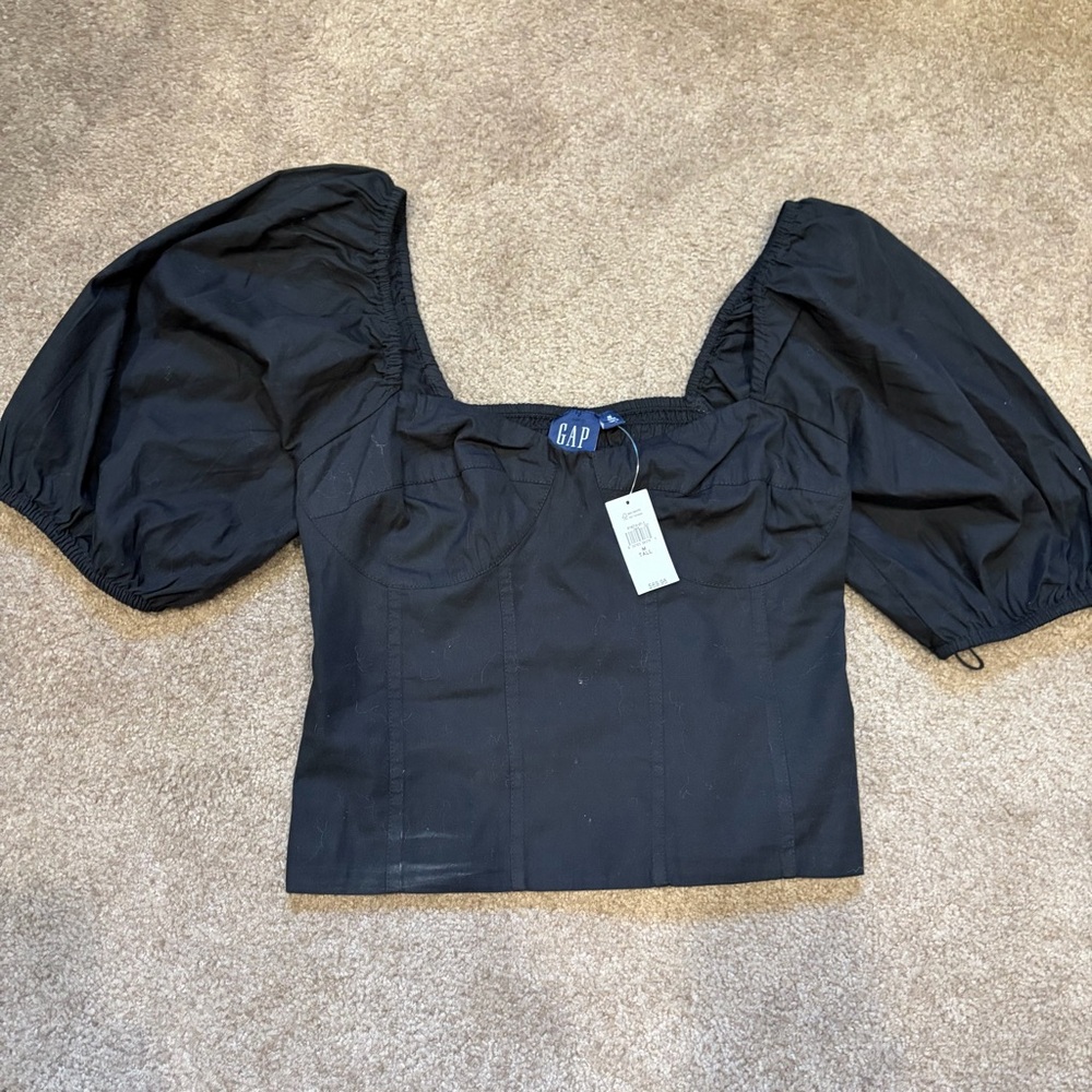 NWT GAP SzMed Tall black cropped fitted balloon sleeve top - Picture 4 of 12
